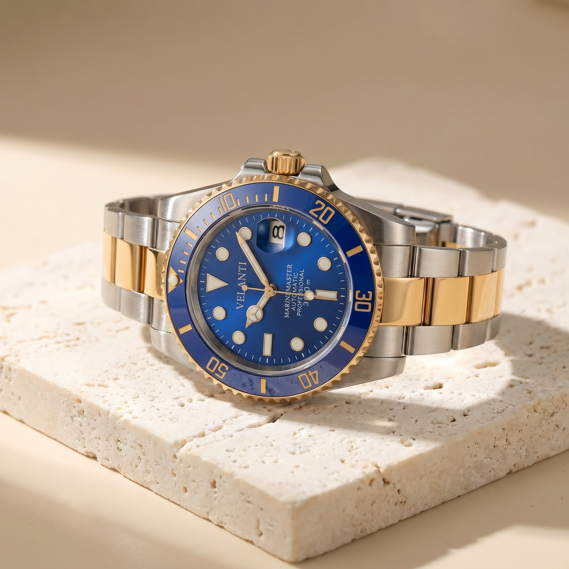 Submariner-style custom mod watch, Velanti Milano Velmariner Blue (Two Tones), product photo 2