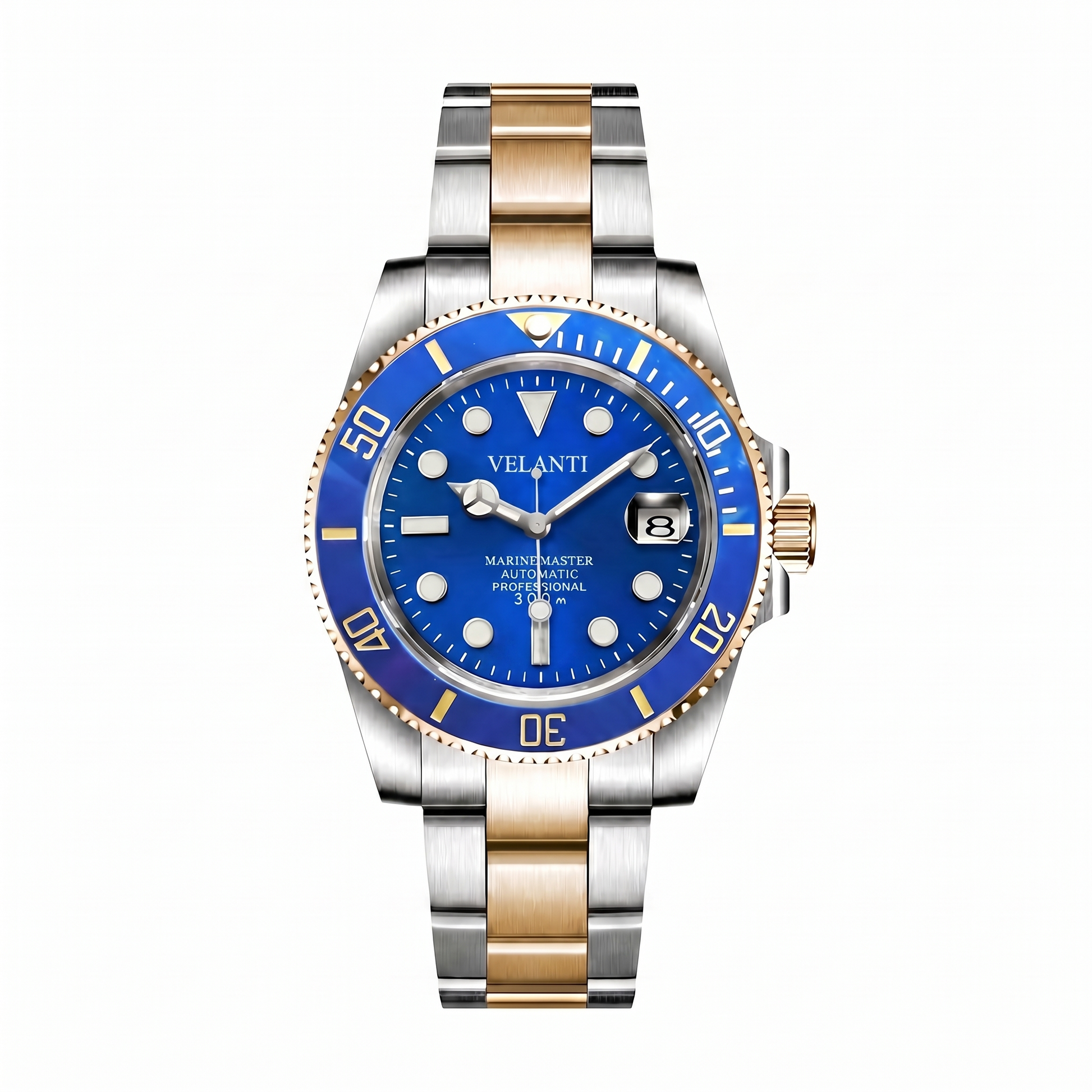 Submariner-style custom automatic watch, Velanti Milano Velmariner Blue (Two Tones), watch detail photo
