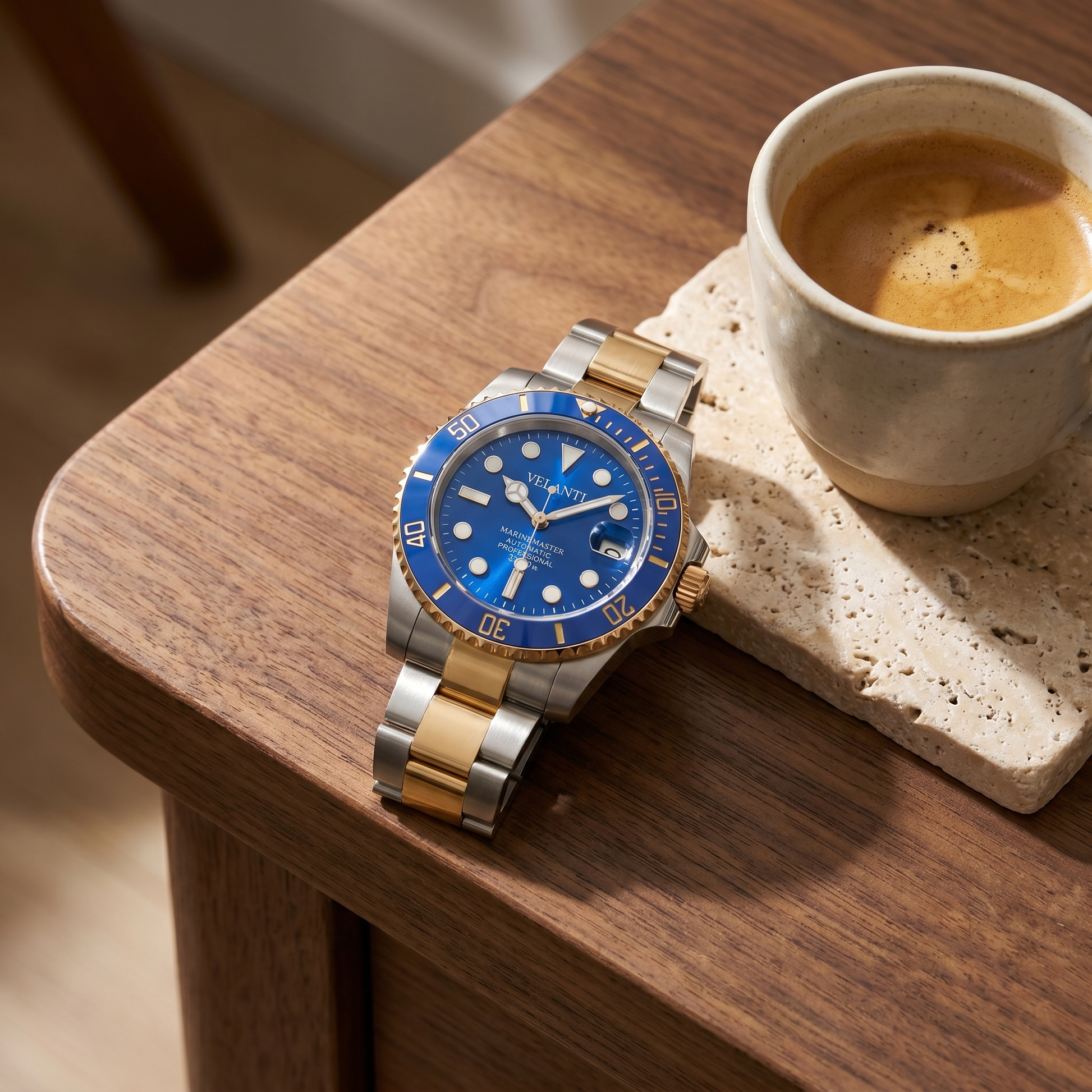 Submariner-style custom mod watch, Velanti Milano Velmariner Blue (Two Tones) worn on wrist photo 5