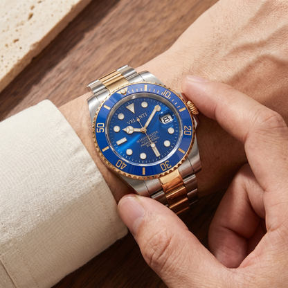 Submariner-style custom mod watch, Velanti Milano Velmariner Blue (Two Tones) worn on wrist photo 3