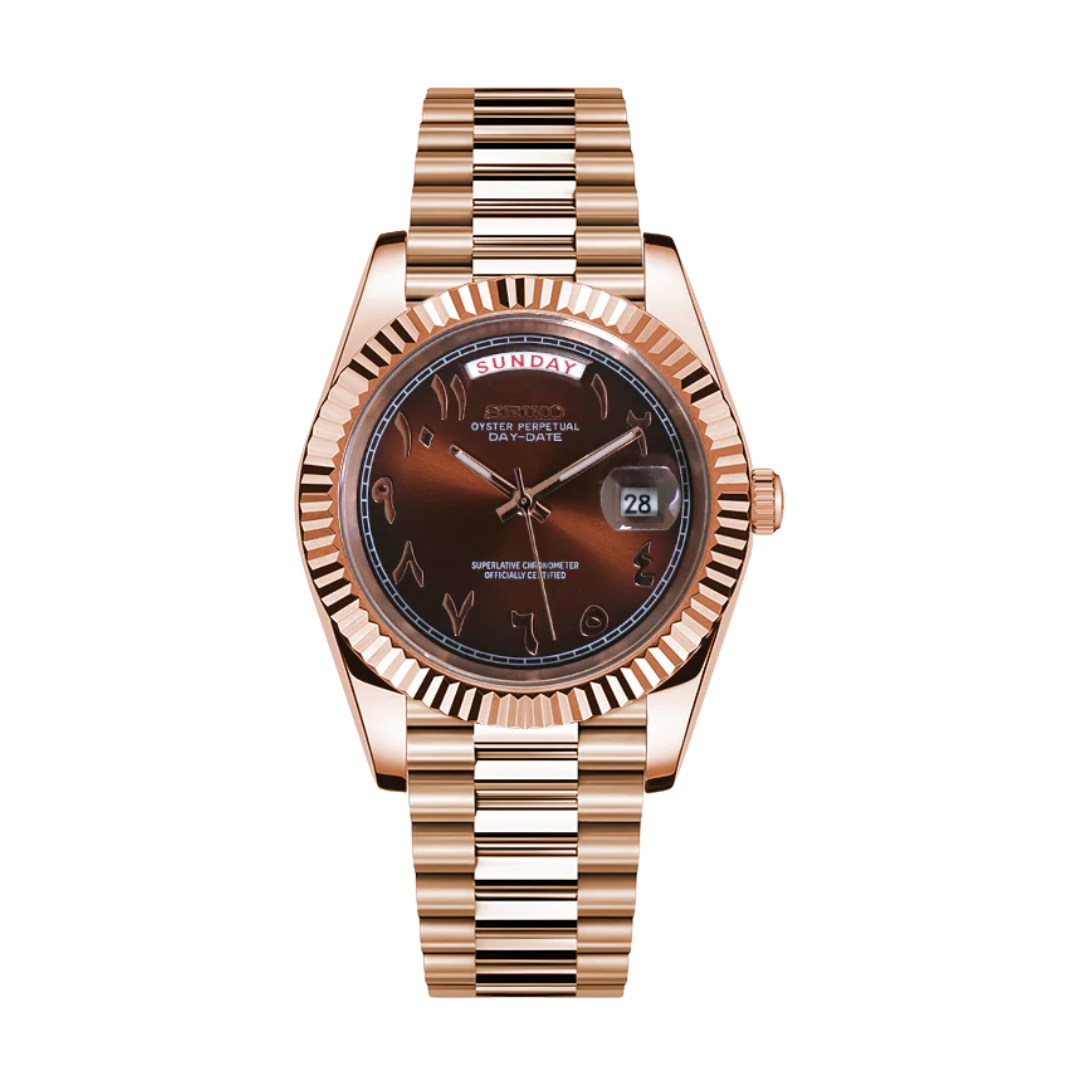 Seikojust Daydate Rose Gold Chocolate Arabic Seiko mod watch | Velanti Milano