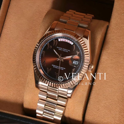 Seikojust Daydate Rose Gold Chocolate Arabic Seiko mod watch | Velanti Milano