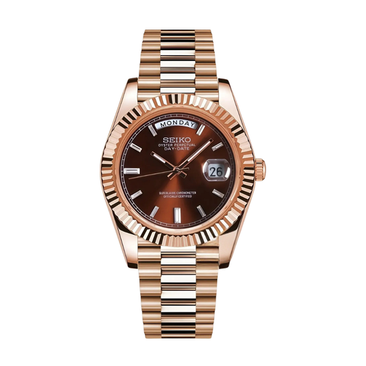 Seikojust Daydate Rose Gold Chocolate Seiko mod watch | Velanti Milano