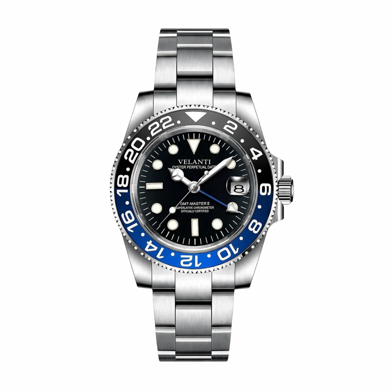 GMT-style custom mod watch, Velanti Milano Gmtvel Batman, main product photo