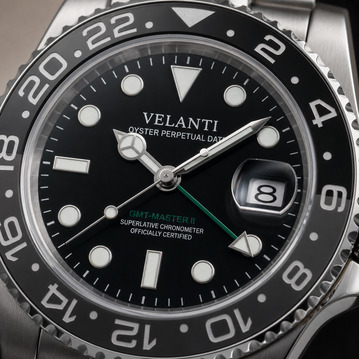 GMT-style custom automatic watch, Velanti Milano Gmtvel Bruce Wayne, dial close-up