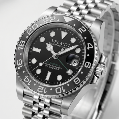 GMT-style custom automatic watch, Velanti Milano Gmtvel Bruce Wayne, watch detail photo