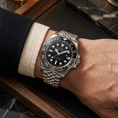 GMT-style custom mod watch, Velanti Milano Gmtvel Bruce Wayne worn on wrist photo 7