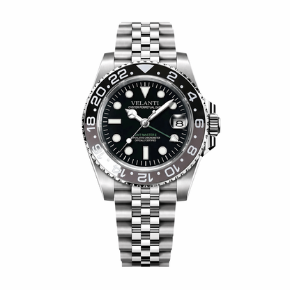 GMT-style custom mod watch, Velanti Milano Gmtvel Bruce Wayne, main product photo