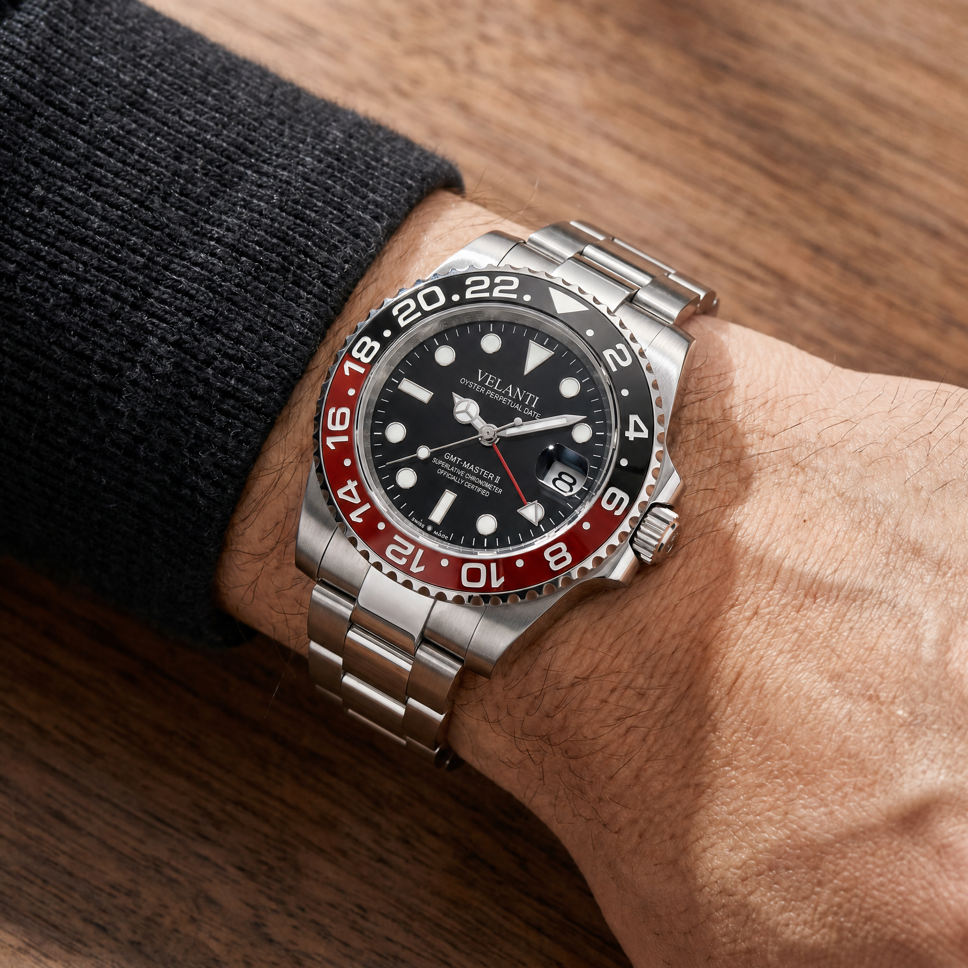 GMT-style custom mod watch, Velanti Milano Gmtvel Coke worn on wrist photo 5