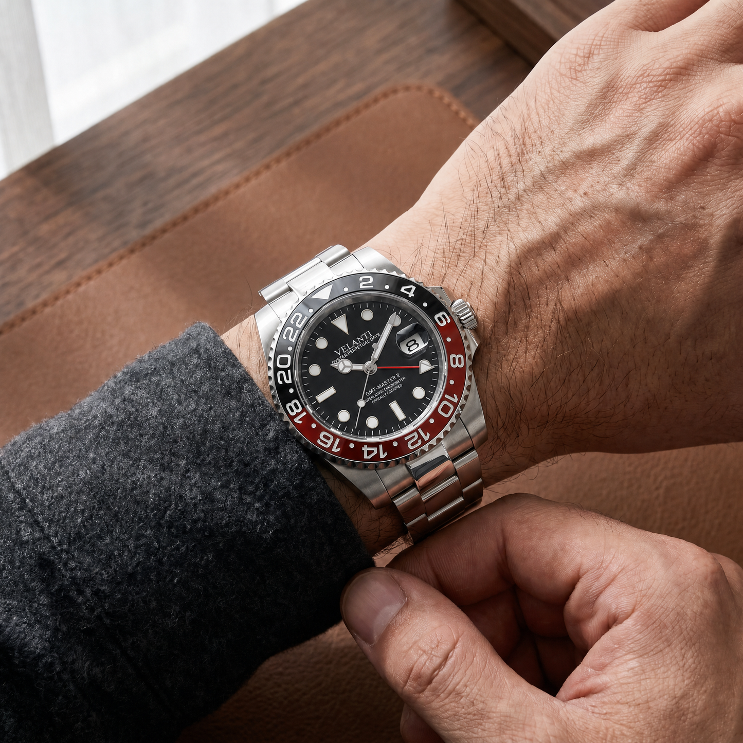 GMT-style custom mod watch, Velanti Milano Gmtvel Coke worn on wrist photo 2