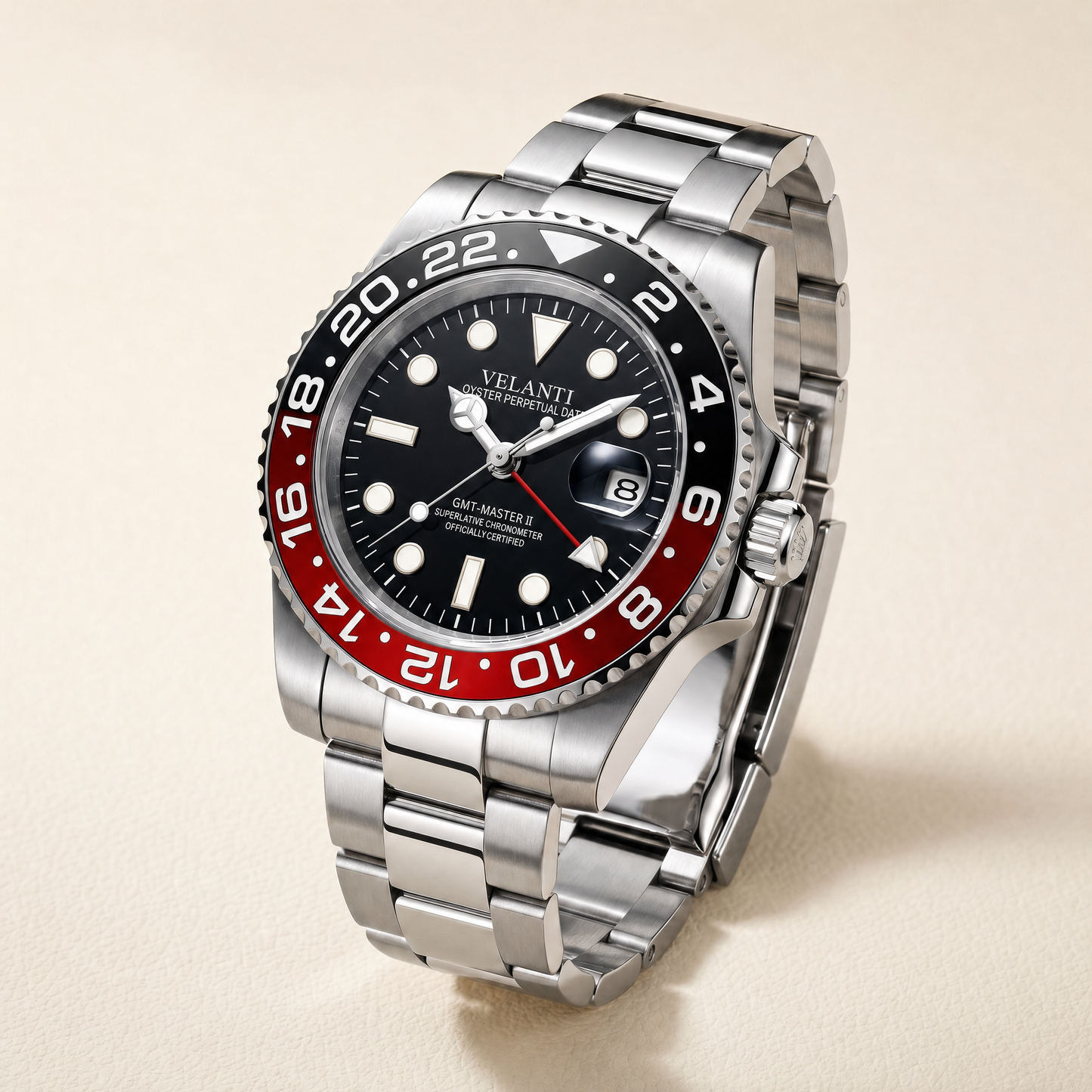 GMT-style custom automatic watch, Velanti Milano Gmtvel Coke, watch detail photo