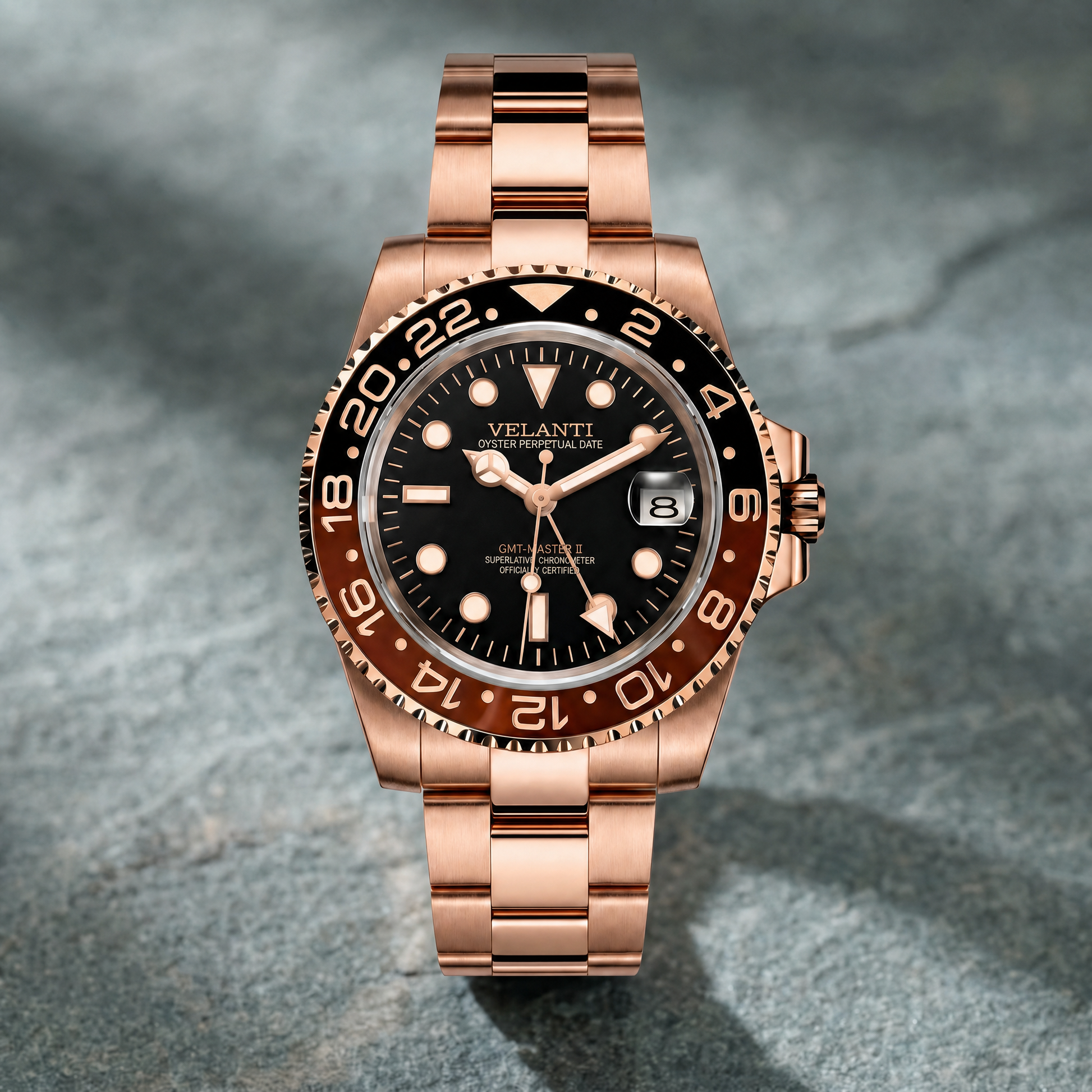 GMT-style custom automatic watch, Velanti Milano Gmtvel Rootbeer, watch detail photo