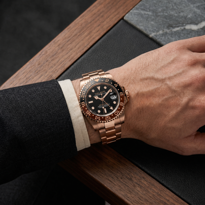 GMT-style custom mod watch, Velanti Milano Gmtvel Rootbeer worn on wrist