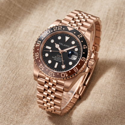 GMT-style custom automatic watch, Velanti Milano Gmtvel Rose Gold Rootbeer, bracelet detail photo