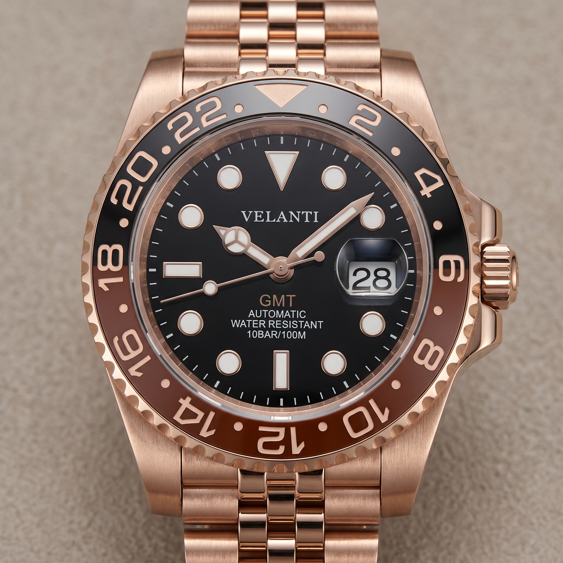 GMT-style custom automatic watch, Velanti Milano Gmtvel Rose Gold Rootbeer, watch detail photo 7