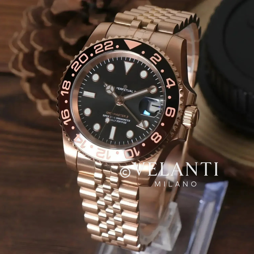 GMT-style custom mod watch, Velanti Milano Gmtvel Rose Gold Rootbeer, product photo 2