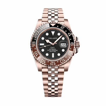 GMT-style custom mod watch, Velanti Milano Gmtvel Rose Gold Rootbeer, main product photo