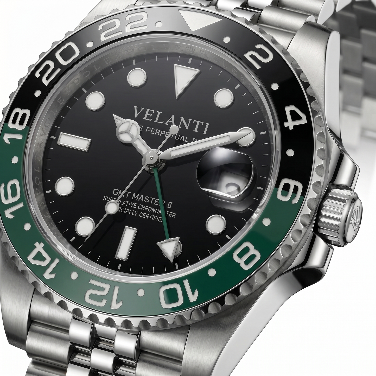 GMT-style custom automatic watch, Velanti Milano Gmtvel Sprite, watch detail photo