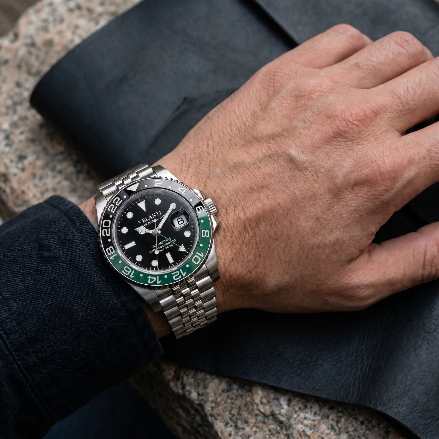GMT-style custom mod watch, Velanti Milano Gmtvel Sprite worn on wrist