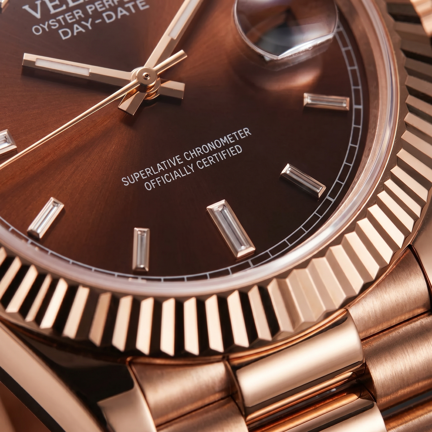 Datejust-style custom mod watch, Velanti Milano Veljust Daydate Rose Gold Chocolate Crystals, product photo 3