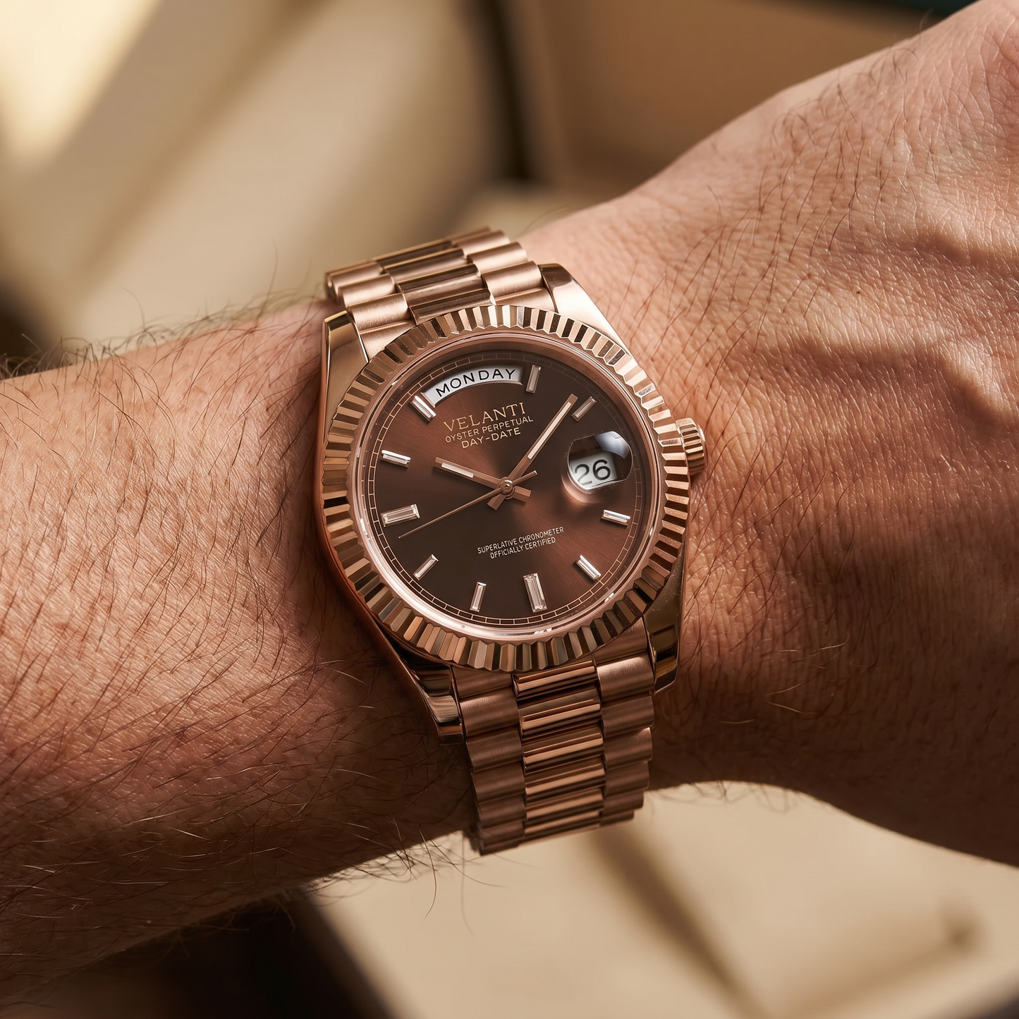Datejust-style custom mod watch, Velanti Milano Veljust Daydate Rose Gold Chocolate Crystals, product photo 2