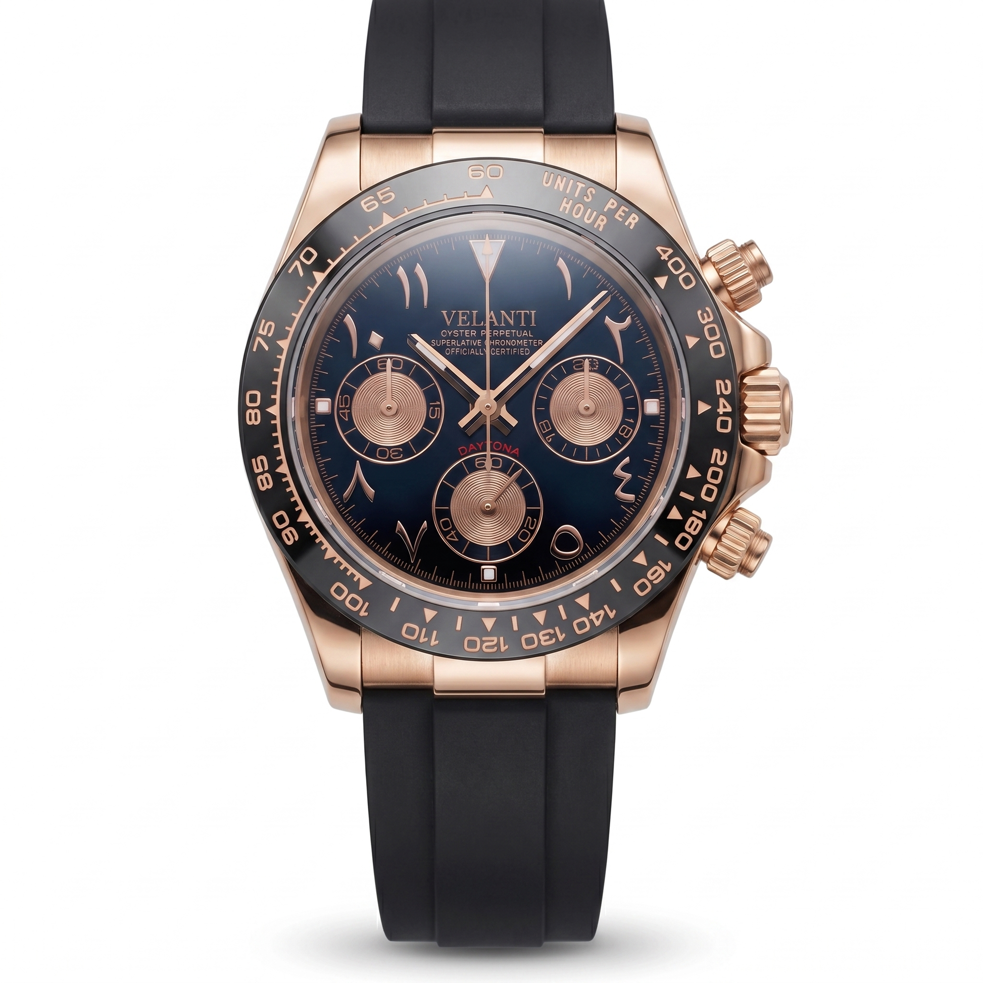 Daytona-style custom chronograph watch, Velanti Milano Veltona Arabic Rose Gold, main product photo