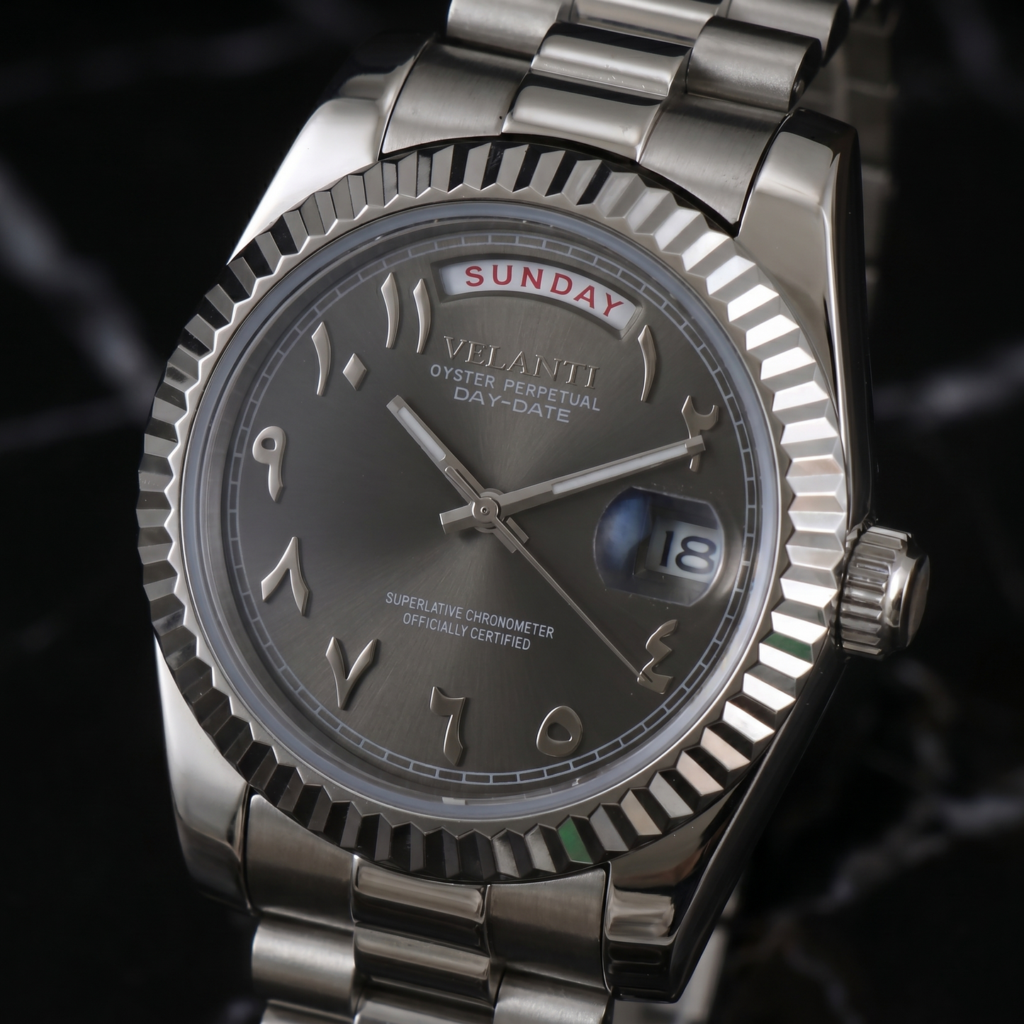Datejust-style custom mod watch, Velanti Milano Veljust Daydate Arabic Deep Grey, product photo 2