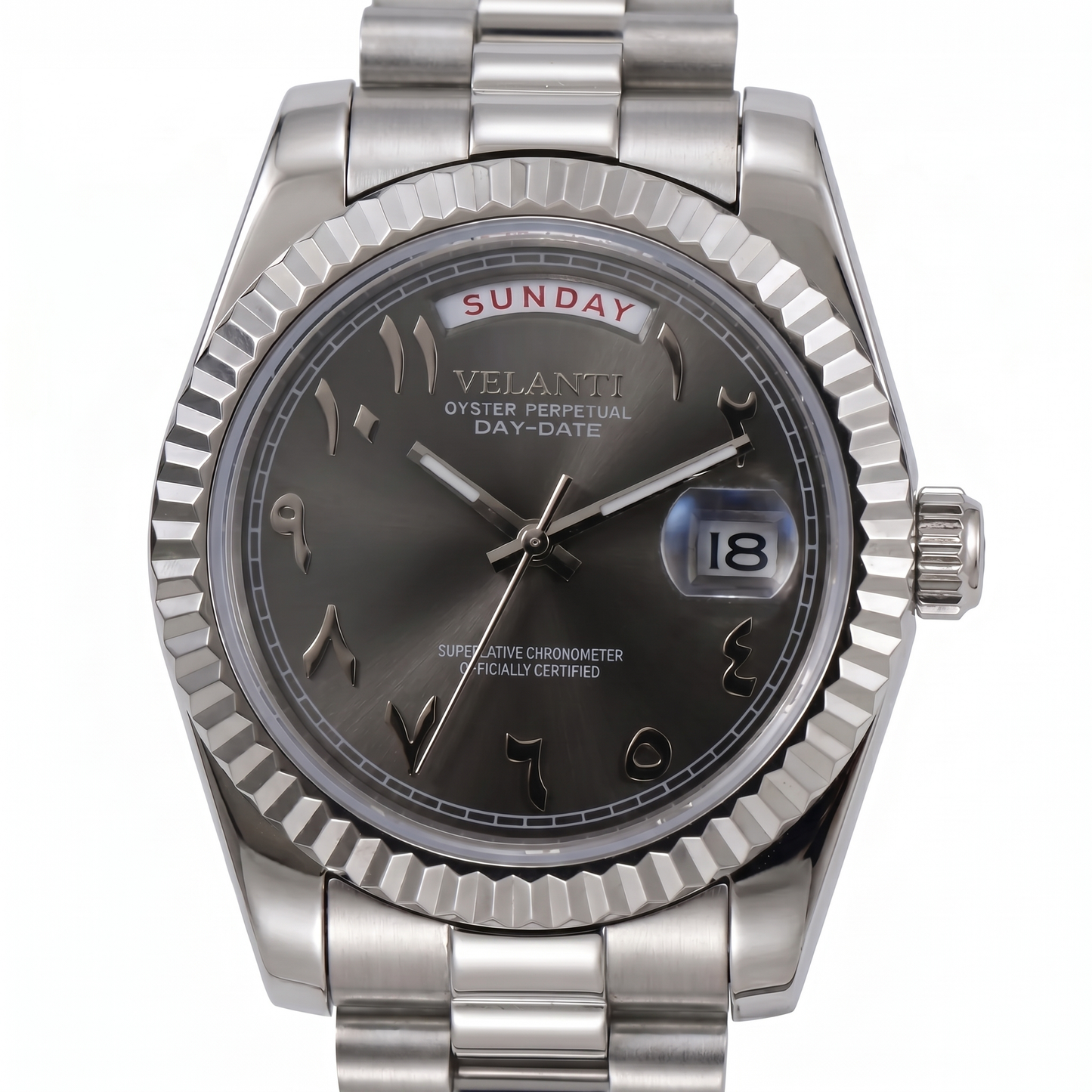 Datejust-style custom mod watch, Velanti Milano Veljust Daydate Arabic Deep Grey, main product photo
