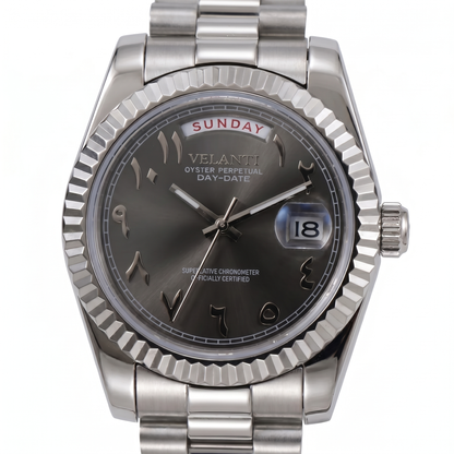 Datejust-style custom mod watch, Velanti Milano Veljust Daydate Arabic Deep Grey, main product photo