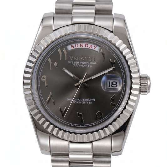 Datejust-style custom mod watch, Velanti Milano Veljust Daydate Arabic Deep Grey, main product photo