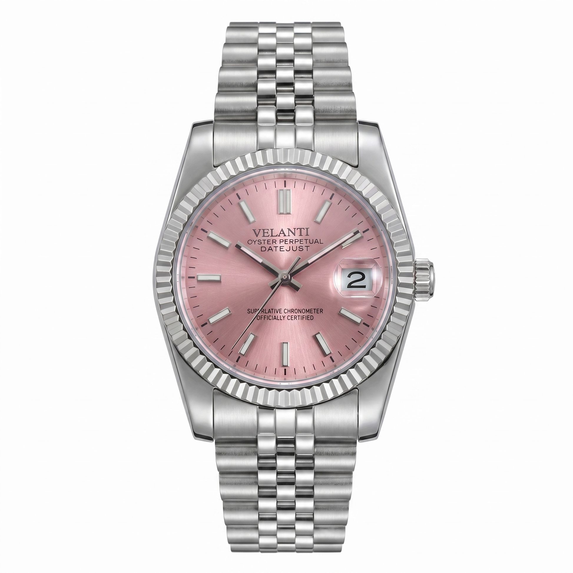 Datejust-style custom mod watch, Velanti Milano Veljust Pink, main product photo