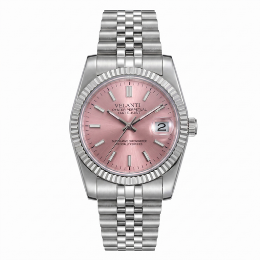 Datejust-style custom mod watch, Velanti Milano Veljust Pink, main product photo