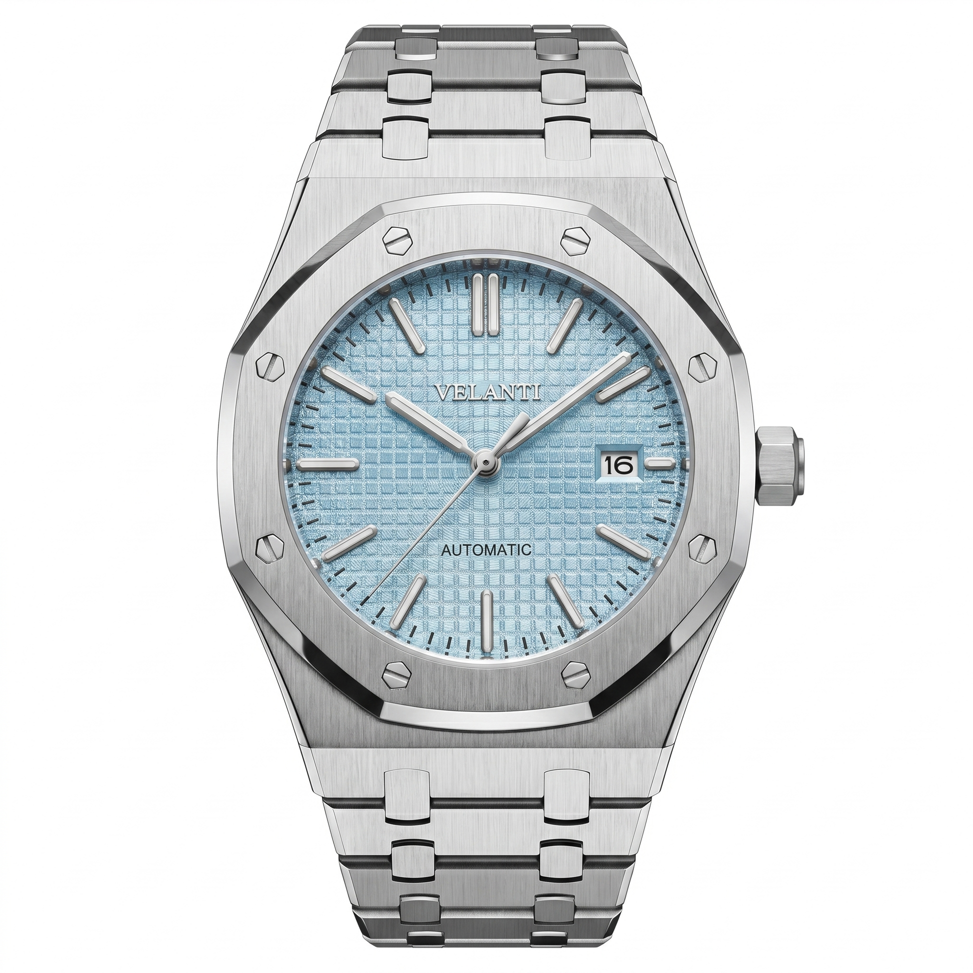 Royal Oak-style custom mod watch, Velanti Milano Royal Veloak Ice Blue, main product photo