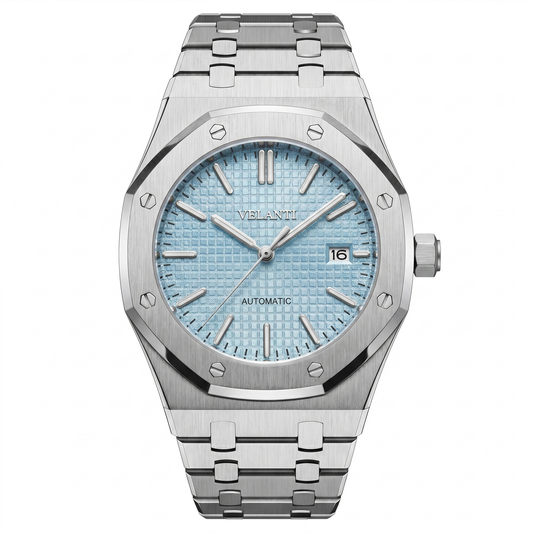 Royal Oak-style custom mod watch, Velanti Milano Royal Veloak Ice Blue, main product photo