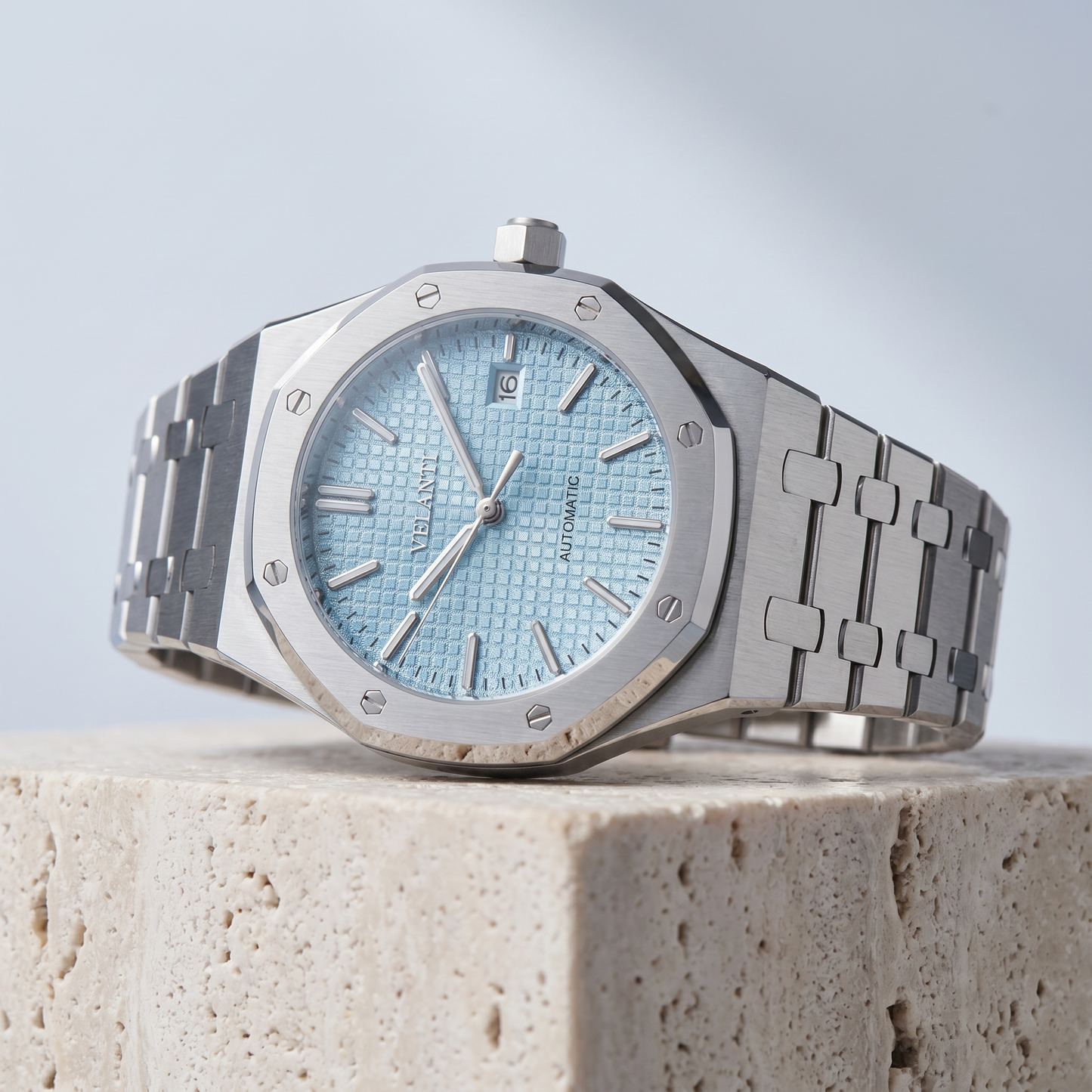 Royal Oak-style custom mod watch, Velanti Milano Royal Veloak Ice Blue, product photo 12