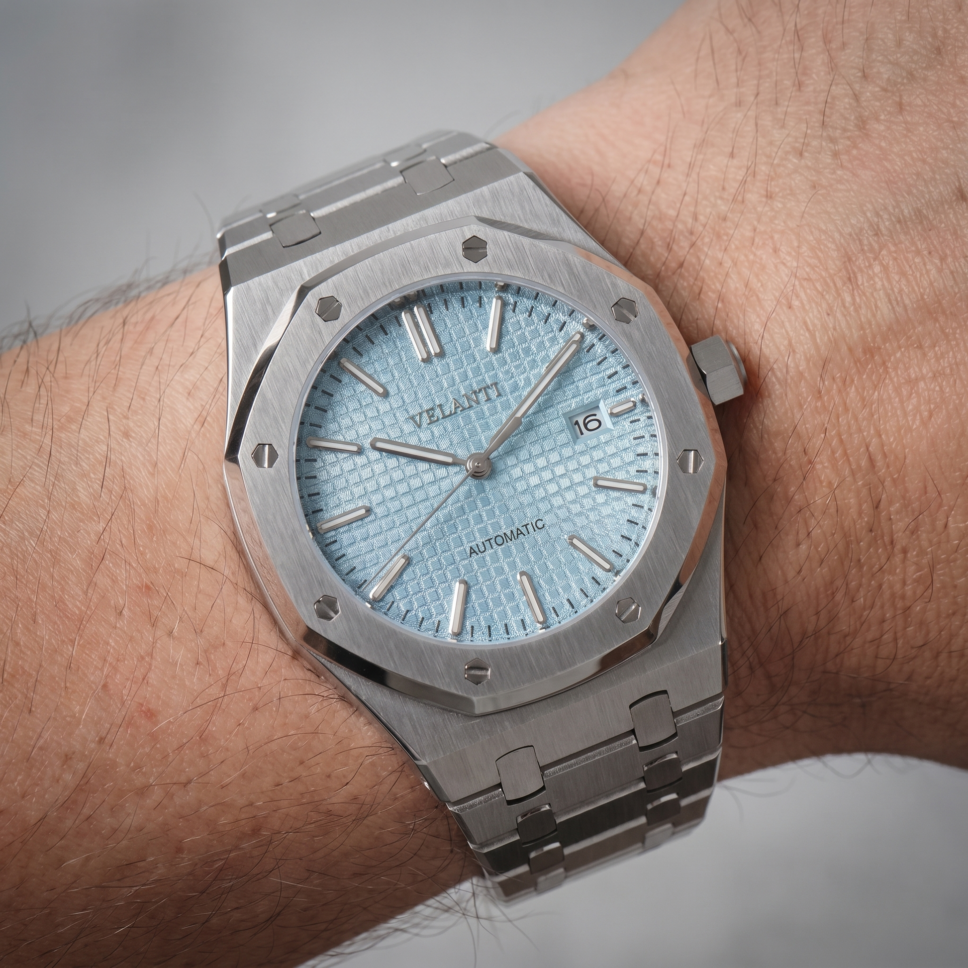 Royal Oak-style custom mod watch, Velanti Milano Royal Veloak Ice Blue, product photo 11