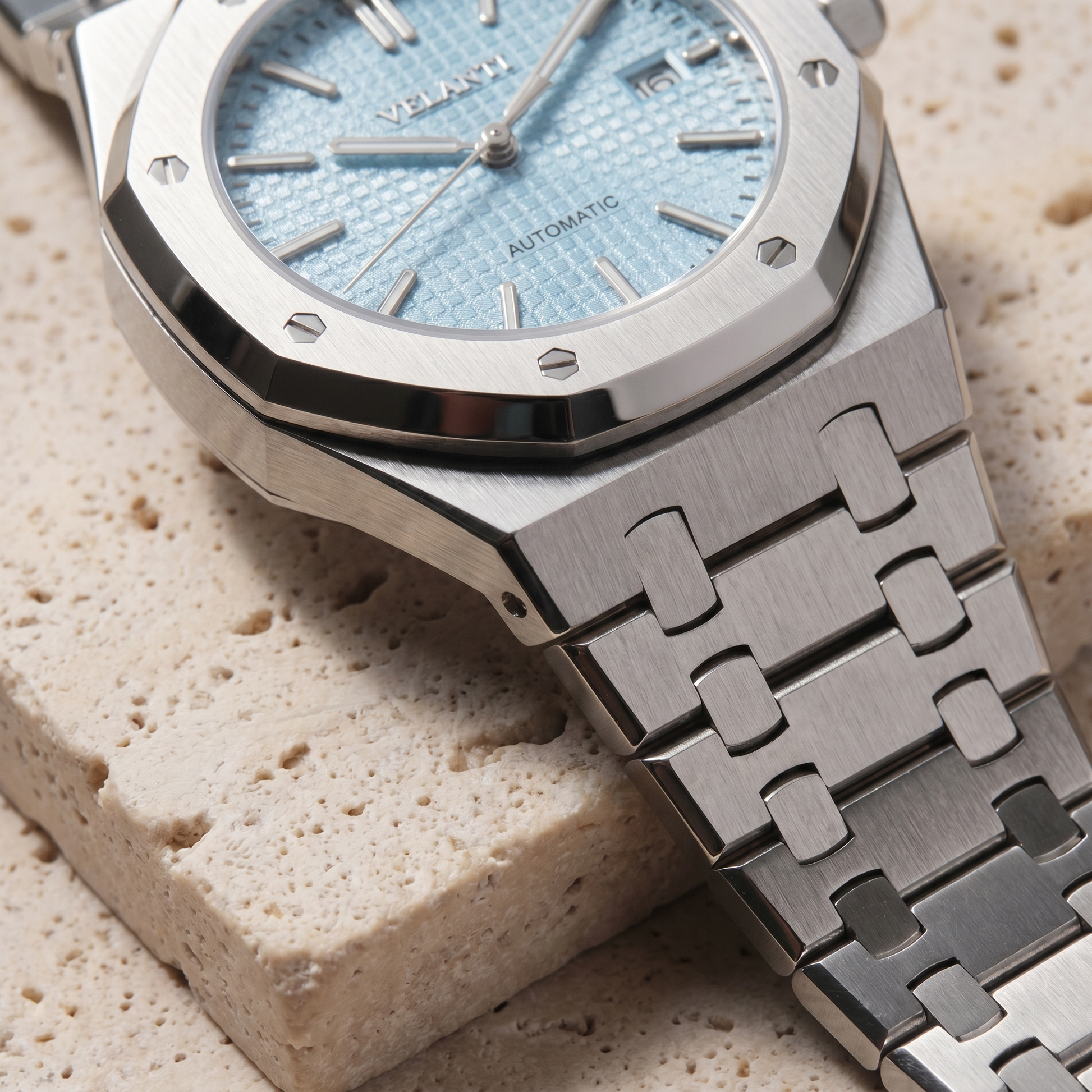 Royal Oak-style custom mod watch, Velanti Milano Royal Veloak Ice Blue, product photo 13