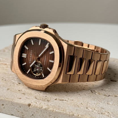 Nautilus-style custom mod watch, Velanti Milano Nautvel Rose Gold Chocolate Open Heart, product photo 4