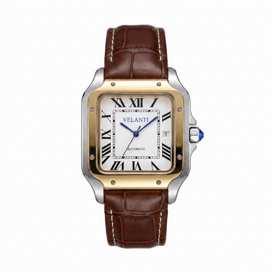 Santos-style custom mod watch, Velanti Milano Santvel White Brown Leather, main product photo