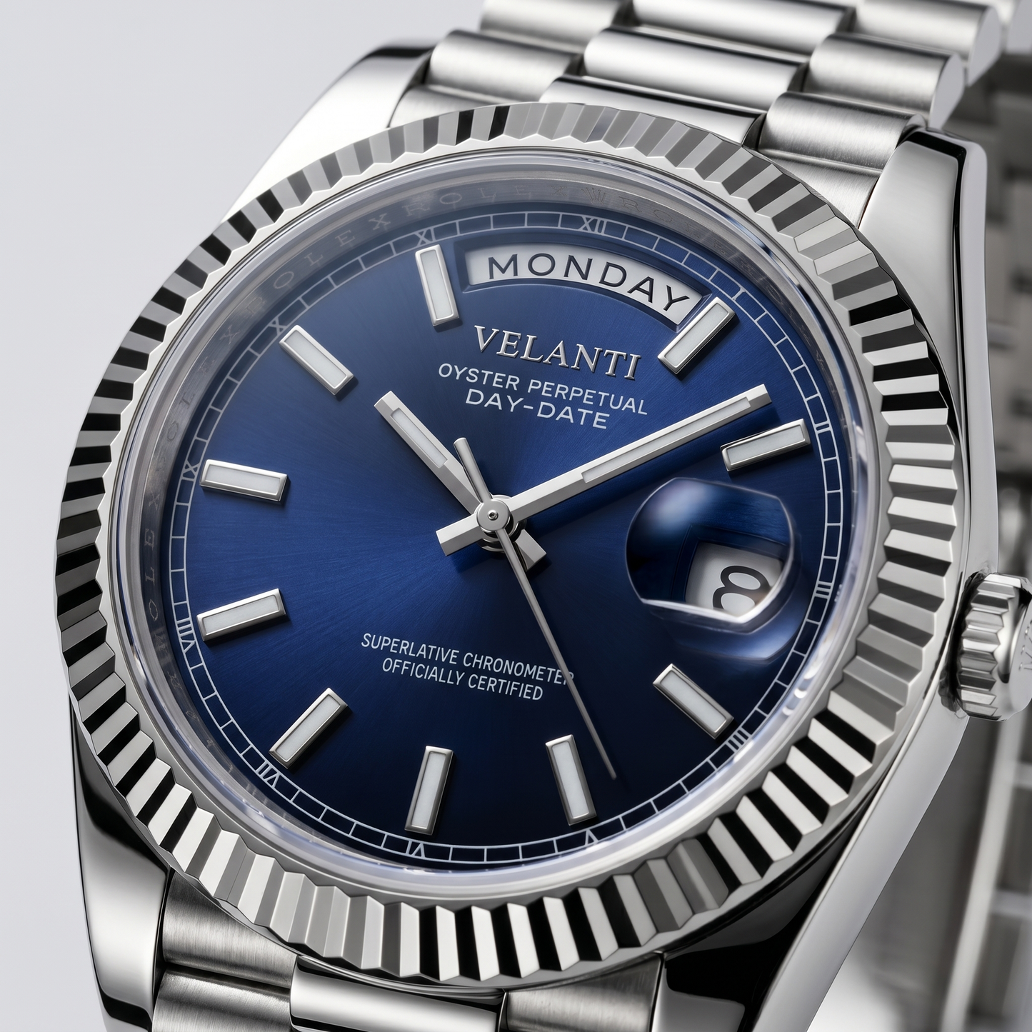 Datejust-style custom mod watch, Velanti Milano Veljust Daydate Royal Blue, product photo 2