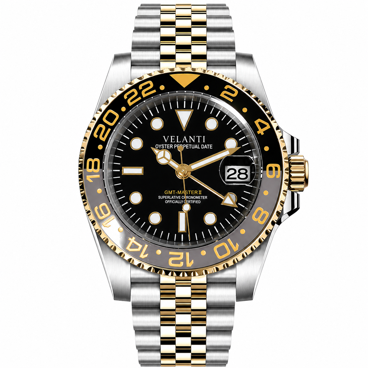 GMT-style custom mod watch, Velanti Milano Gmtvel Silver Gold, main product photo