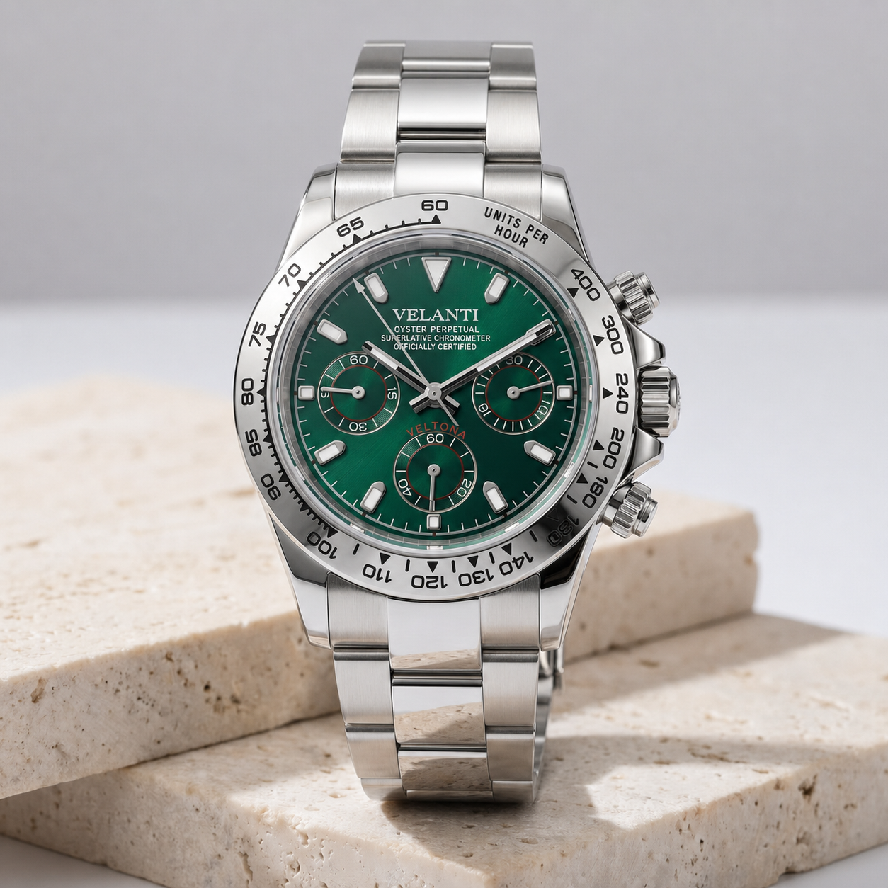 Daytona-style custom chronograph watch, Velanti Milano Veltona Silver Green, product photo 2