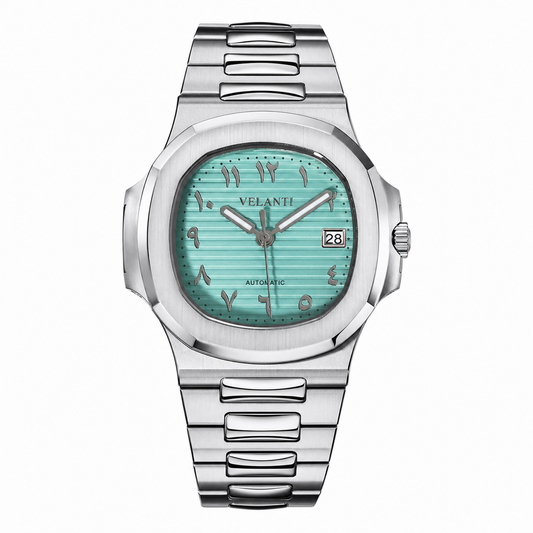 Nautilus-style custom mod watch, Velanti Milano Nautvel Arabic Tiffany Blue, main product photo