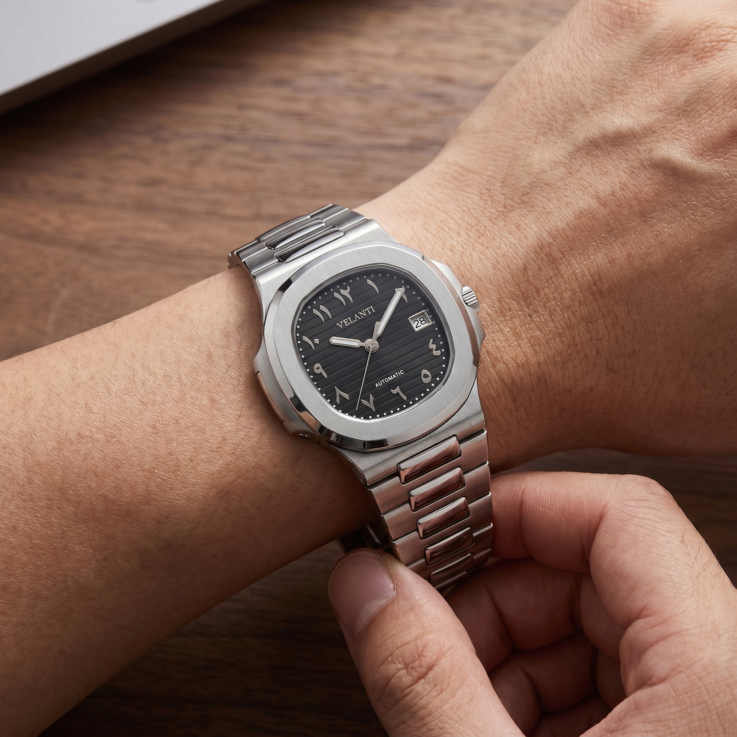 Nautilus-style custom mod watch, Velanti Milano Nautvel Arabic Black worn on wrist photo 6