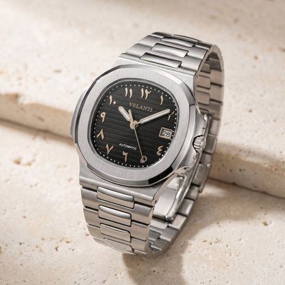 Nautilus-style custom automatic watch, Velanti Milano Nautvel Arabic Black, watch detail photo 7