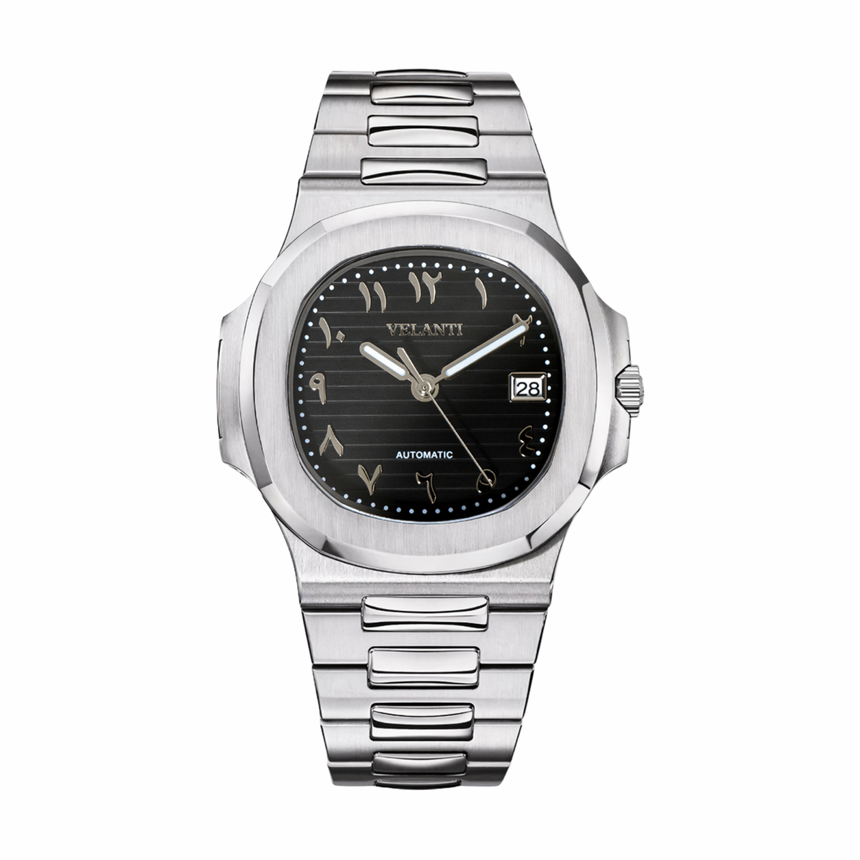 Nautilus-style custom mod watch, Velanti Milano Nautvel Arabic Black, main product photo