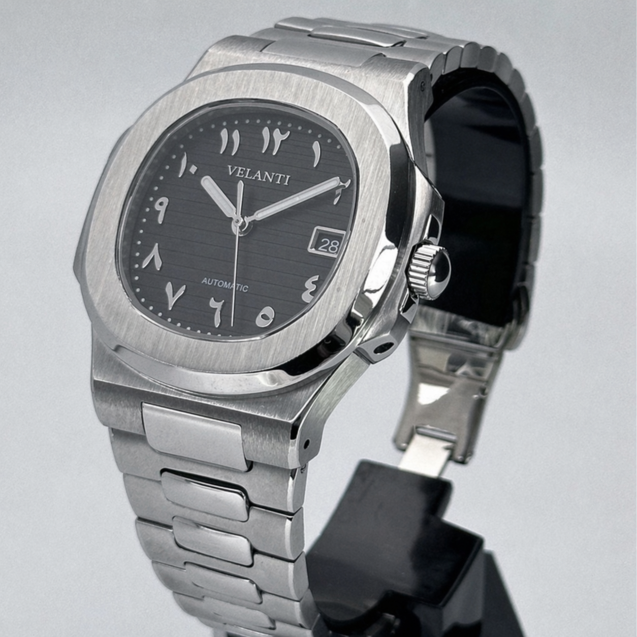 Nautilus-style custom mod watch, Velanti Milano Nautvel Arabic Black, product photo 3