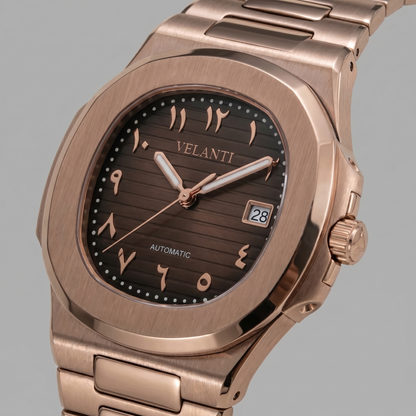 Nautilus-style custom automatic watch, Velanti Milano Nautvel Arabic Rose Gold Chocolate, watch detail photo 7