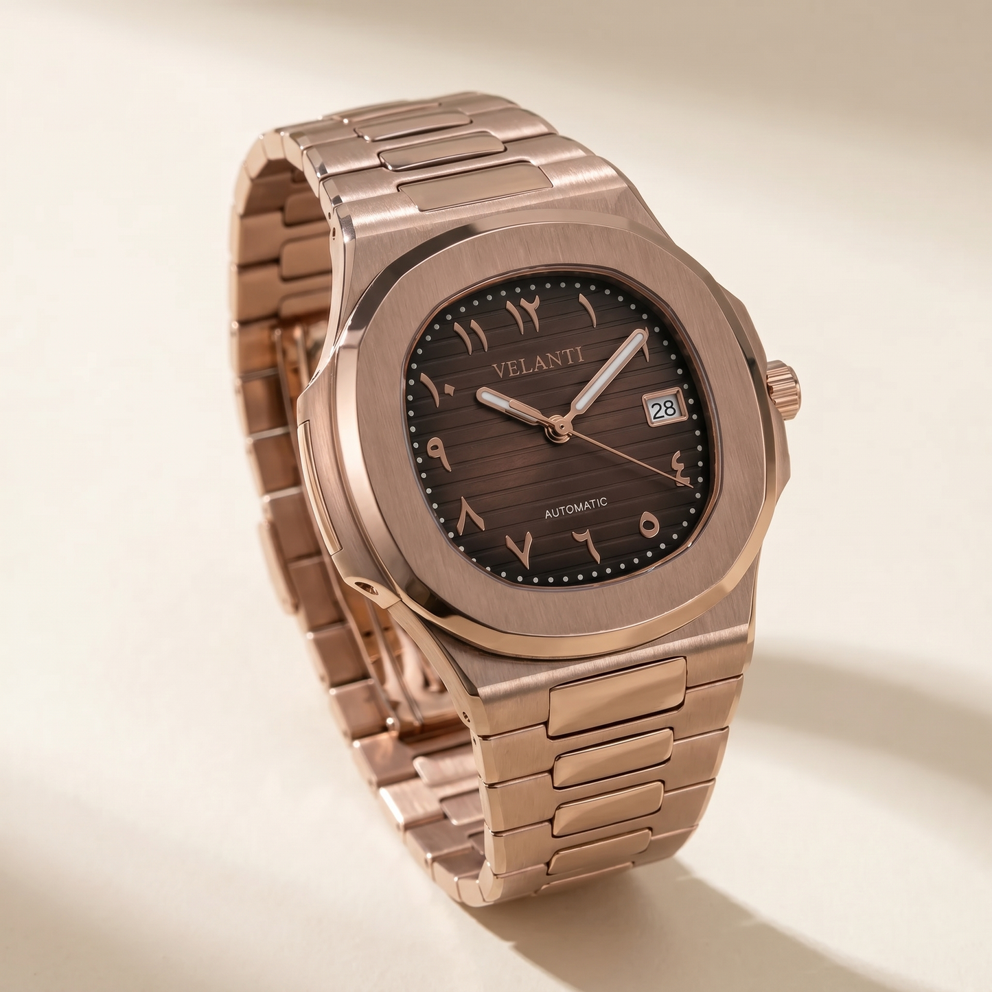 Nautilus-style custom automatic watch, Velanti Milano Nautvel Arabic Rose Gold Chocolate, watch detail photo 9