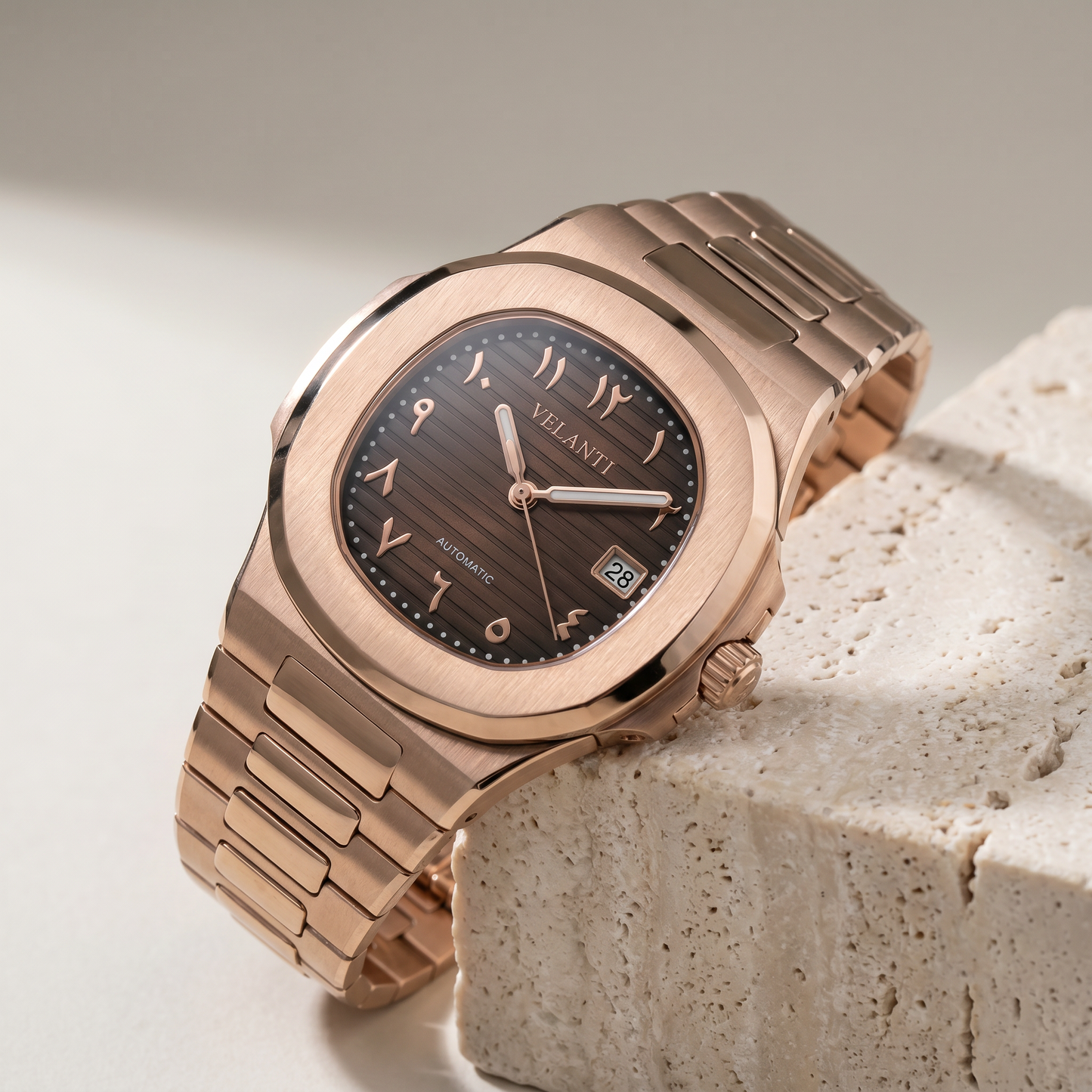 Nautilus-style custom mod watch, Velanti Milano Nautvel Arabic Rose Gold Chocolate, product photo 2